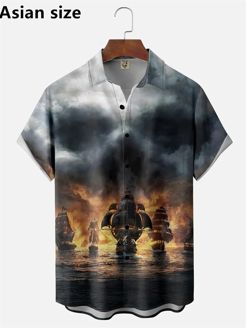 

Men's Hawaiian Shirts Vintage Ship Graphic 3D Printed Short Sleeve Shirt Summer Trendy Loose Beach Shirts Unisex Blouse
