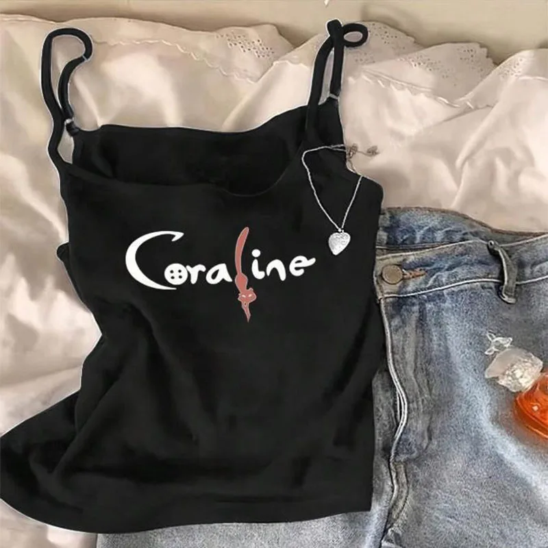 

2025 New Women's Dark Fairy Tale Coraline Print Black Cropped Cami Tank Top! Slimming & Flattering Baddie