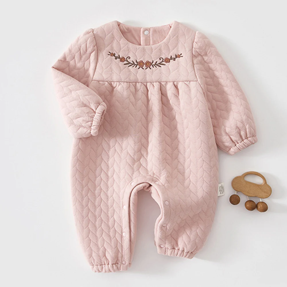 2026 My First Christmas Baby Girl Romper Long Sleeve Flower Embroidery Infant Clothing Quilted Warm Autumn Winter Baby Jumpsuit