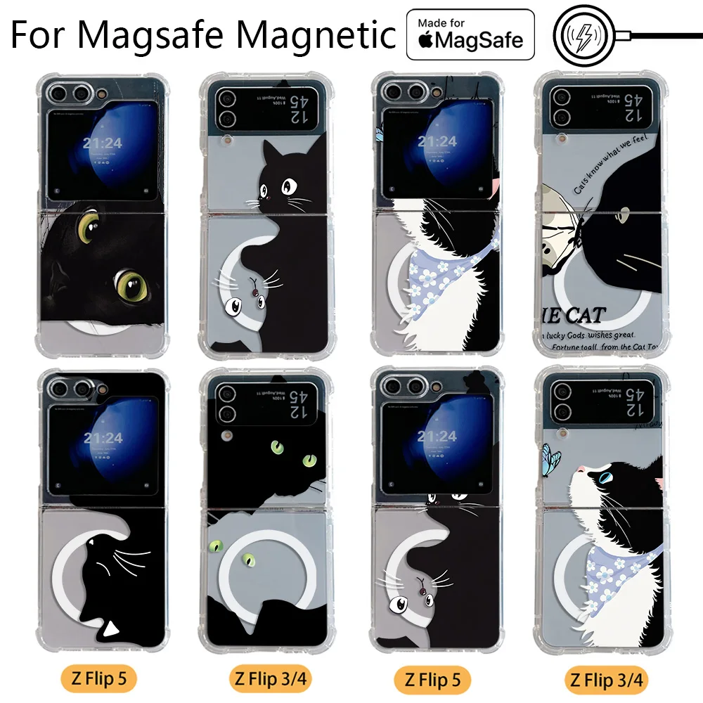 Bonito dos desenhos animados engraçado gato preto magsafe caso de telefone magnético para samsung galaxy z flip 3 4 z flip 5 6 z 5g capa traseira transparente
