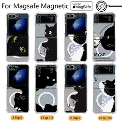 Cute Cartoon Funny Black Cat Magsafe Magnetic Phone Case for Samsung Galaxy Z Flip 3 4 Z Flip 5 6 Z 5G Transparent Back Cover