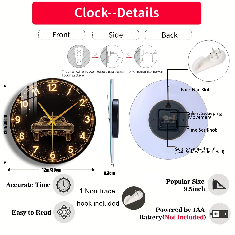 Tempered Glass Wall Clock Classic Car Clock Design Suitable For Wall Decor or Tabletop Display Anywhere