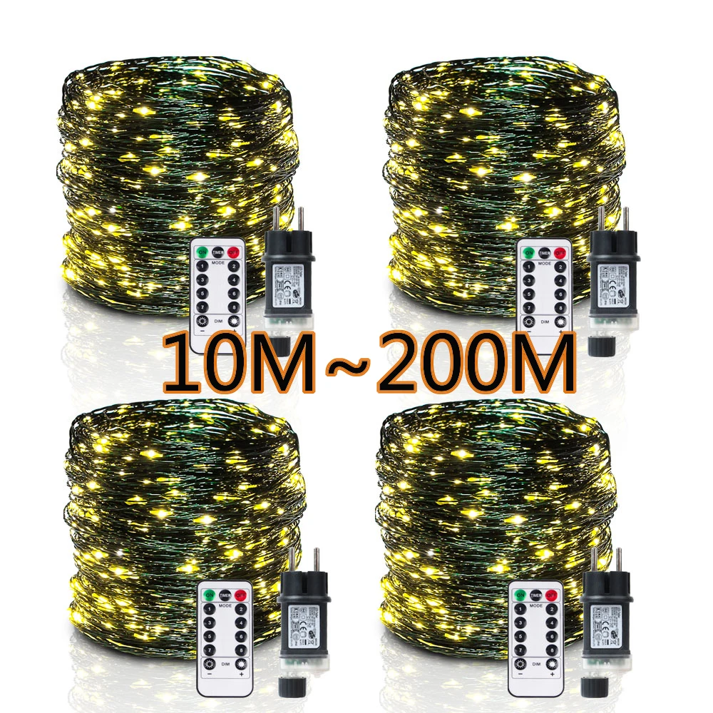 10m/200m LED String Light Green Wire Fairy Lights Garland For Outdoor New Year Tree Street Wedding Garden Party Decoration