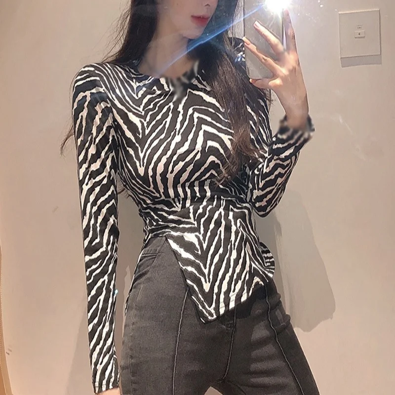 Women\'s Color Block Zebra Print Striped Long Sleeve Slim Fit Sexy Blouse