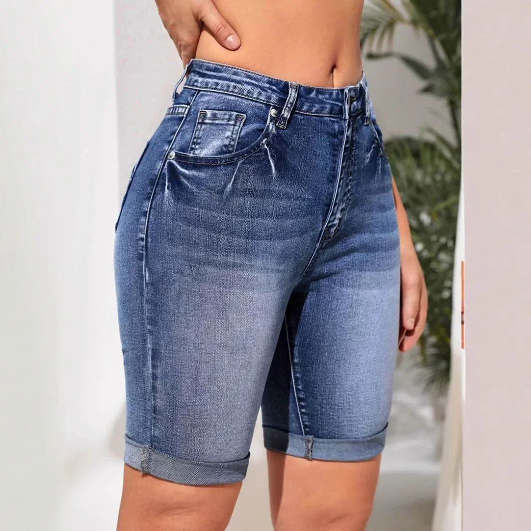 กางเกงยีนส์ผู้หญิง DENIM สั้นเข่าความยาวเอวสูงยืด Distressed ล้างผอมตรงสั้นกางเกง 2025 ฤดูร้อน Streetwear