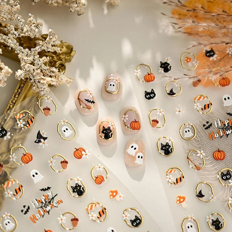 5D Embossed Halloween Nail Art Stickers Self-Adhesive Ghost Gold Coil Pumpkin Cats Mushroom Designs DIY Women Manicure Supplies