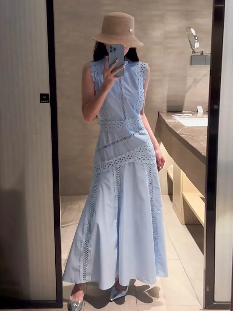 

Blue Lace Svel Women's Dr Summer 2025 Unique Design Beautiful Waist-Cinching Long Skirt High Waist A-Line Korean Sle