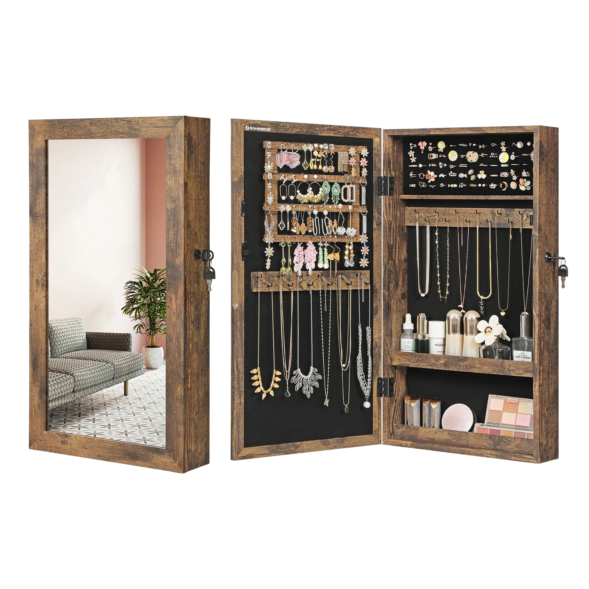 

SONGMICS Lockable Jewelry Cabinet Armoire with Mirror, Wall-Mounted Space Saving Jewelry Storage Organizer