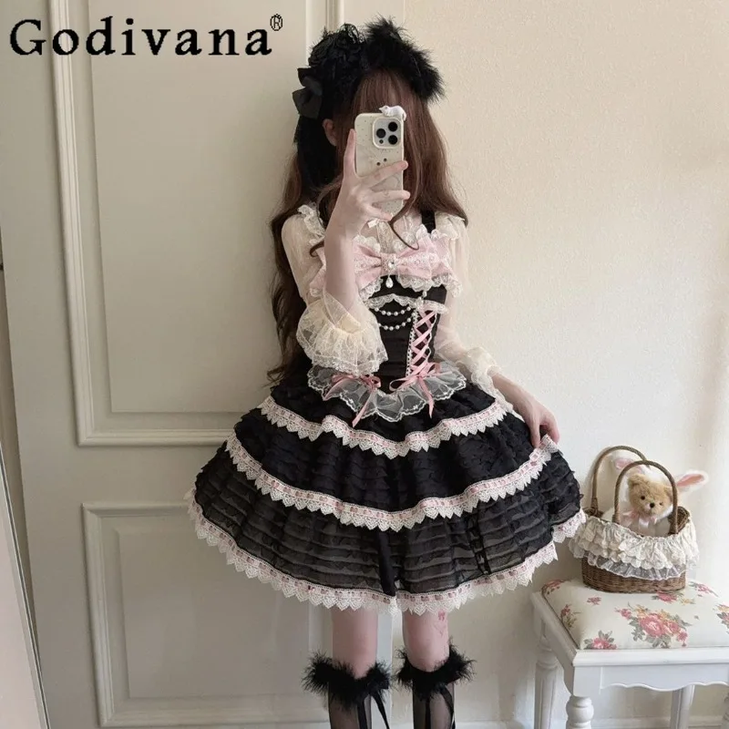Senhora estilo japonês design original lolita vestido de cintura alta princesa doce jsk cinta vestido para mulheres gola arco vestido bonito
