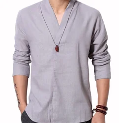 Linen Shirts Men Fashion Long Sleeve Shirts Chinese Style Harajuku V-neck Shirts Male