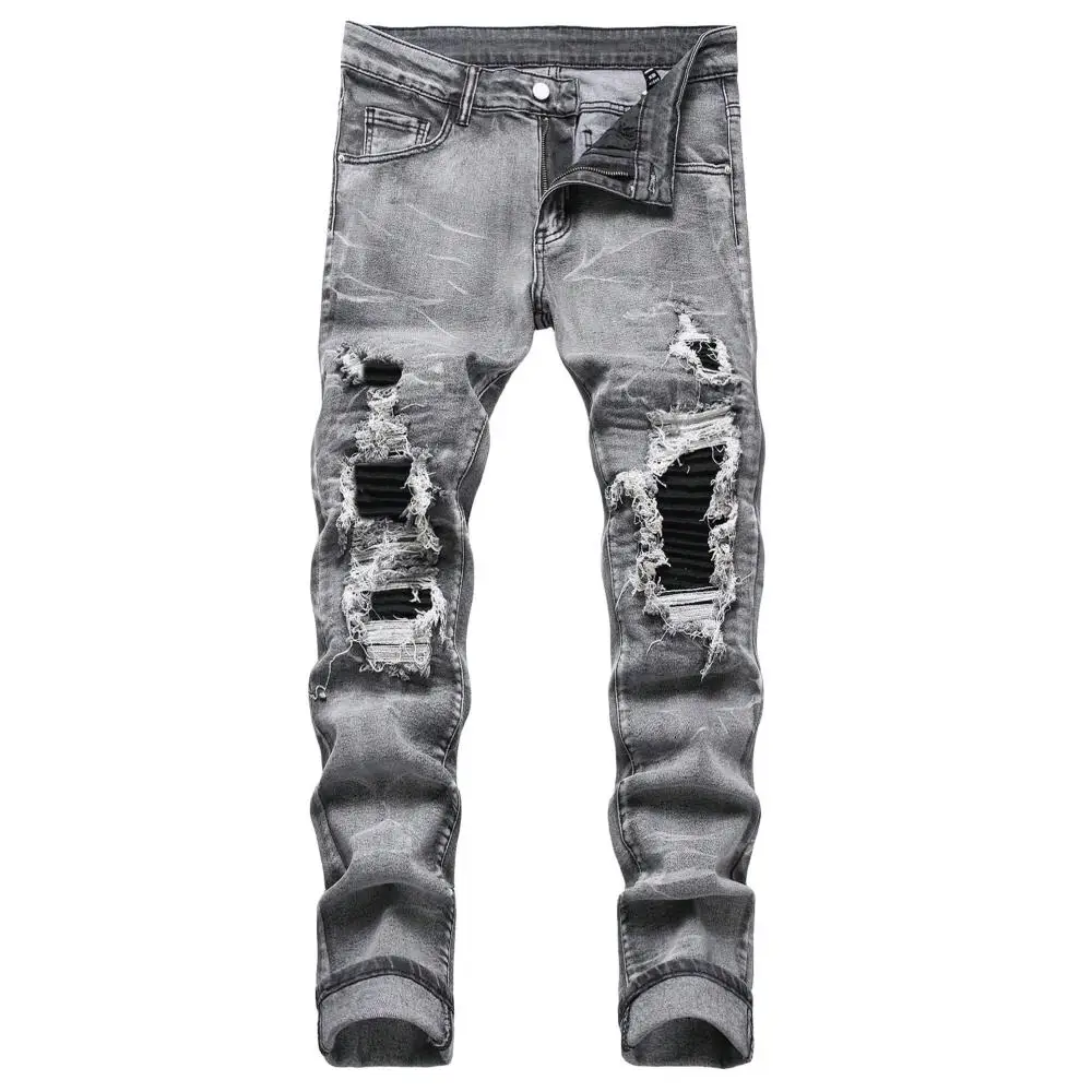 

Men's jeans, trendy streetwear brand, patched ripped slim straight pants, street ripped jeans