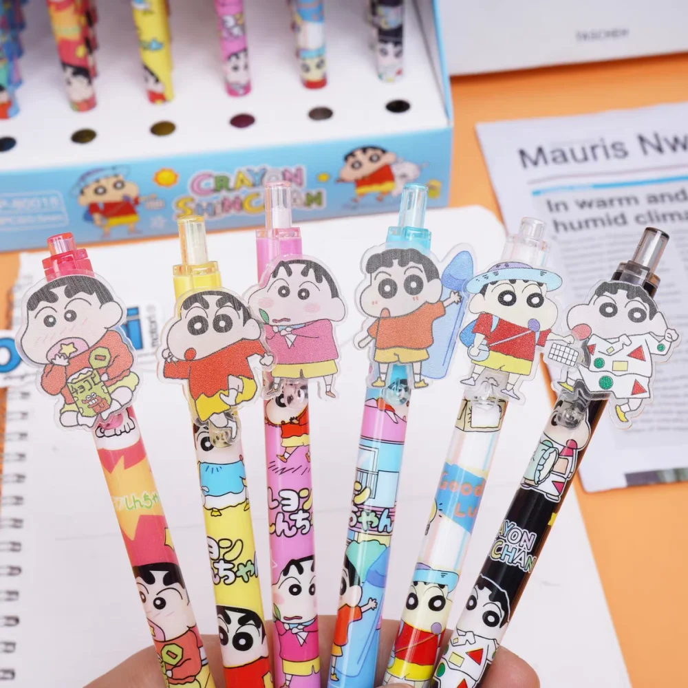24 Uds Anime Crayon Shin-Chan bolígrafos Kawaii estudiante 0,5 Mm negro escritura de dibujos animados papelería premios escolares regalos para niñas