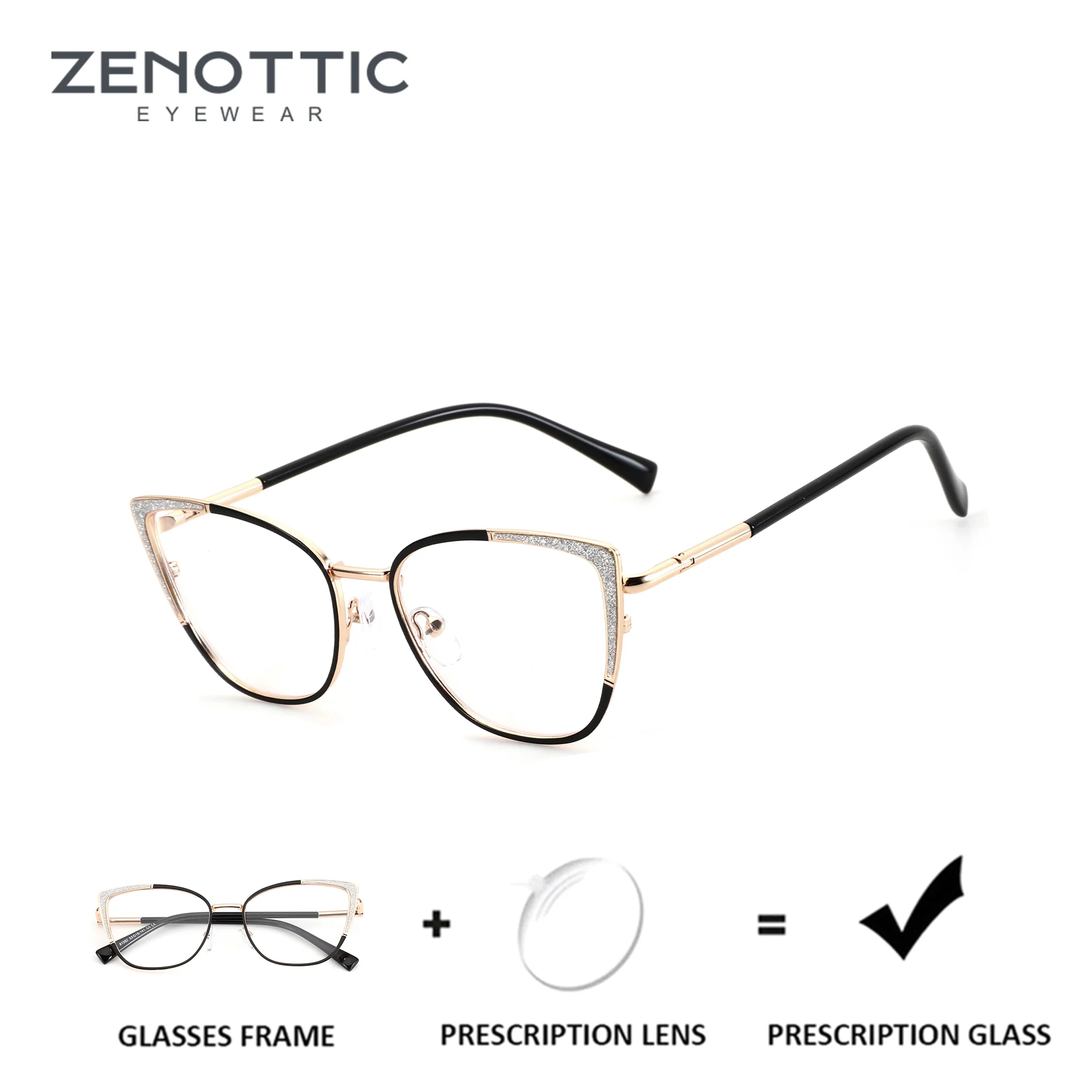 ZENOTTIC (L Size) Stylish Metal Cat Eye Prescription Glasses For Women Blue Light Photochromic Optical Eyeglasses Myopia Eyewear