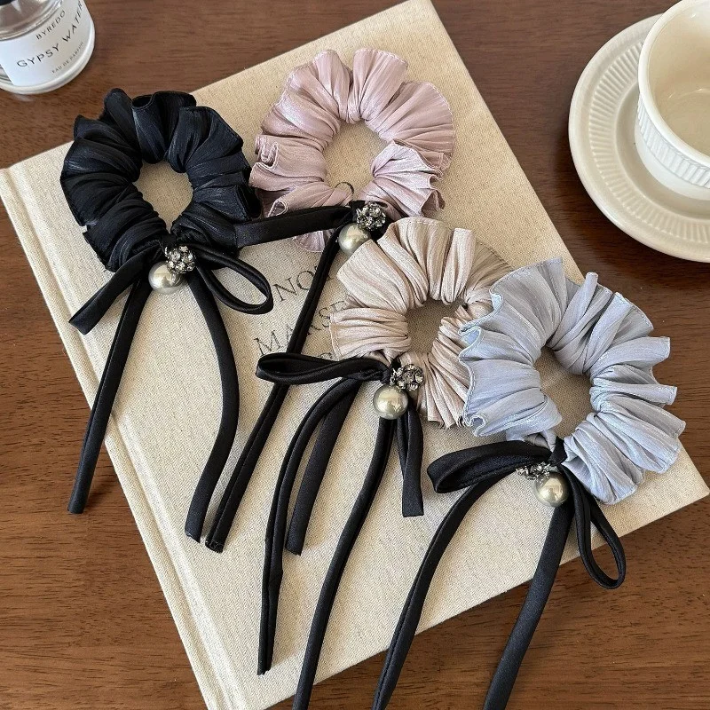 simplicity Pleated Fabric Hair Rope for Woman Elegant Pearl Bow Tassel Hair Rope Fashion Girl Does Not Hurt The Ha