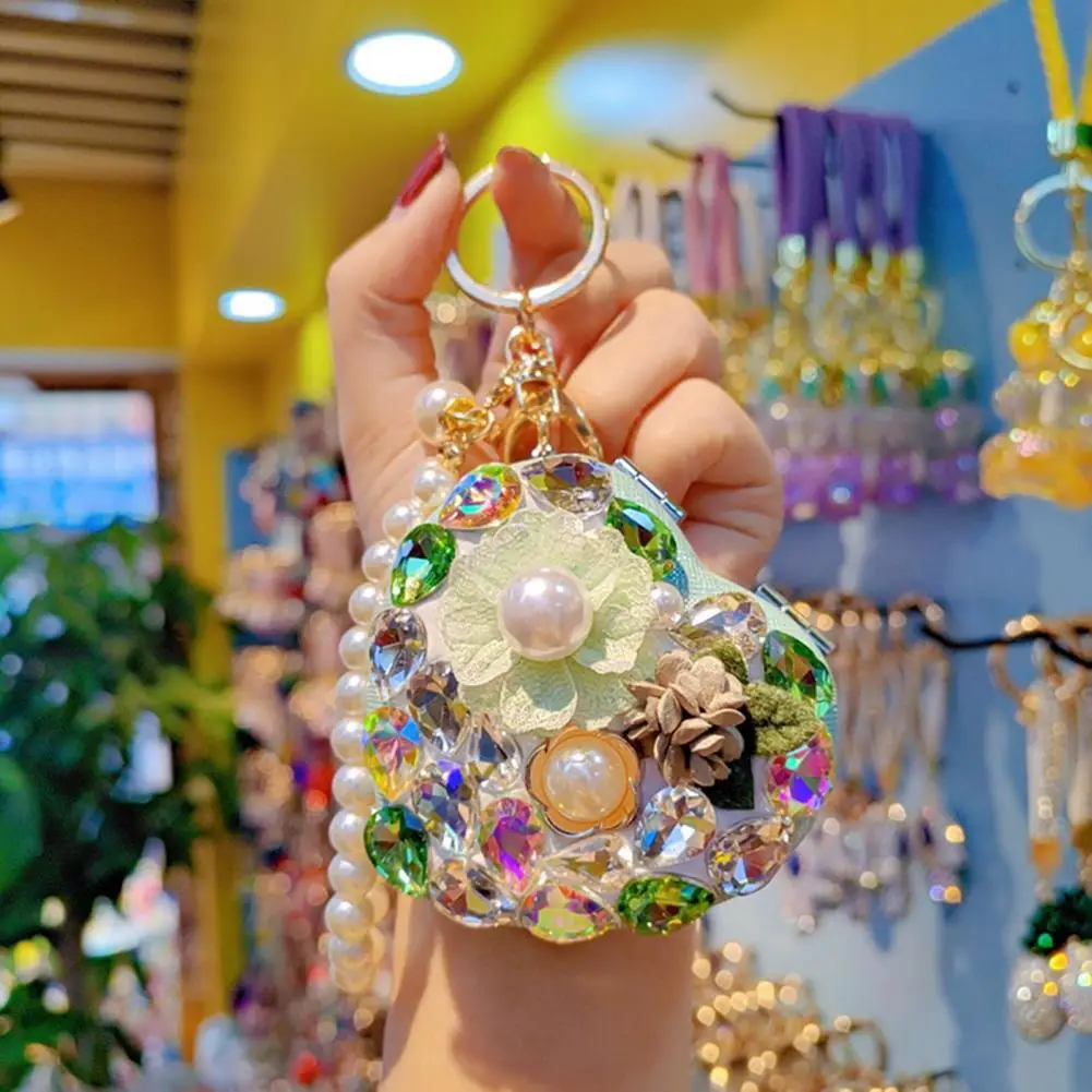 Light Luxury Makeup Mirror Folding Makeup Mirror Keychain with Rhinestone Pearl Chain Double-sided Compact Mirror Pendant