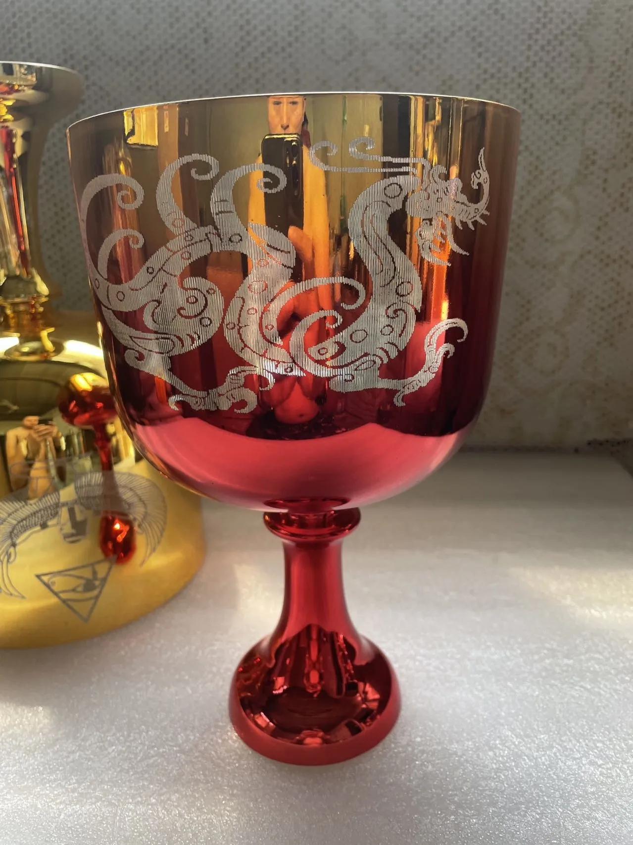 

Mixed shinny color Crystal singing chalice with dragon engraving 4th octave C note Root chakra 432Hz