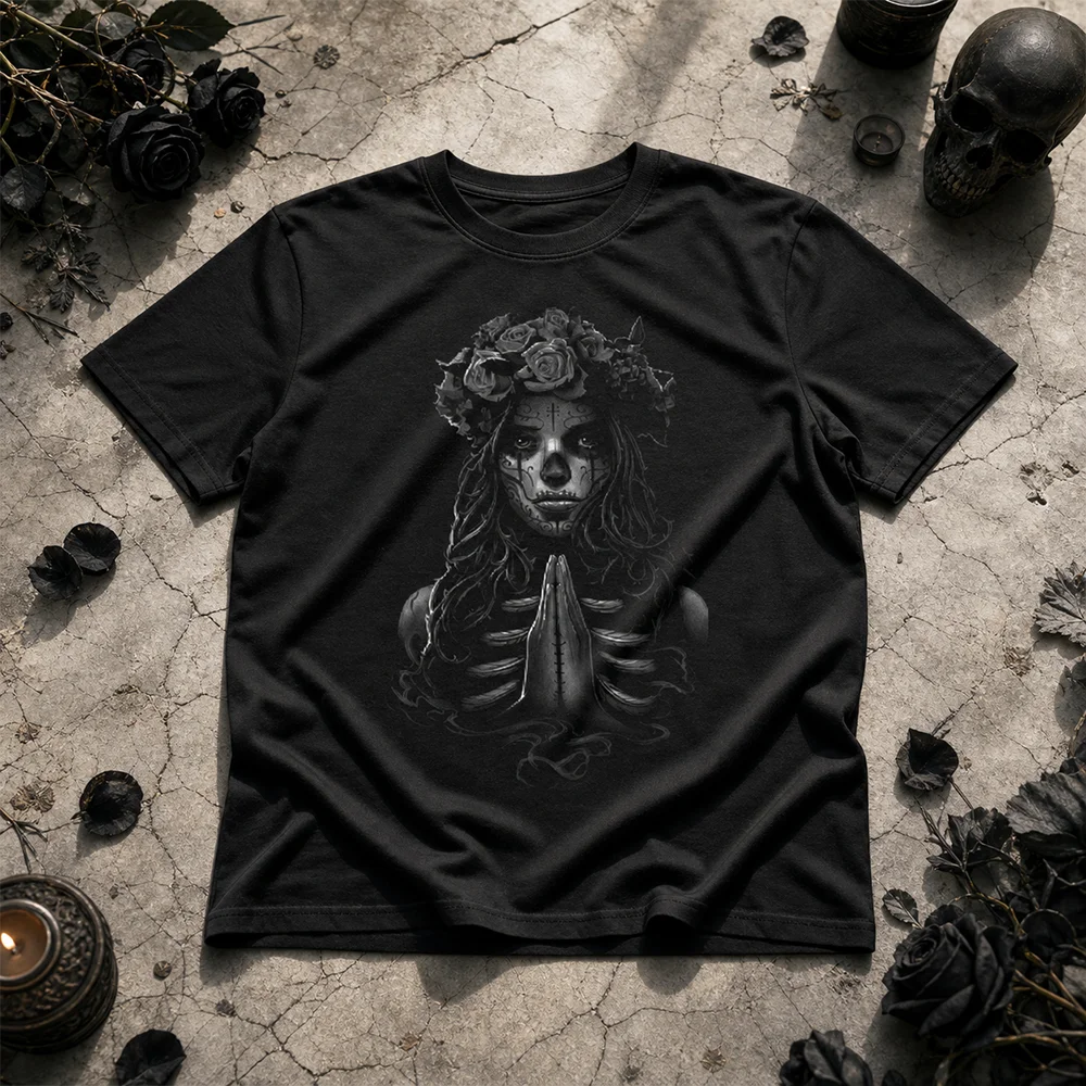 Unisex Gothic Praying Catrina Mexican Day of the Dead T-Shirt Short Sleeve Breathable Parent-Child Tee Black White Rose Top