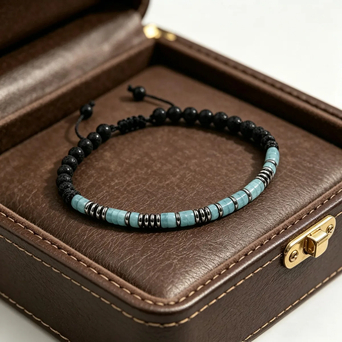 Retro Style Natural Sea Blue Stone Bracelet,Blues Spacer Paired with Dark Round Beads,Fashionable Jewelry Gift for Men and Women