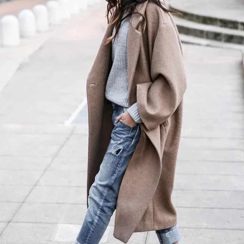 

Women Autumn Winter Solid Loose Long Wool Coat Jacket Woolen Overcoat Split Hem Cardigan Outerwear 2023