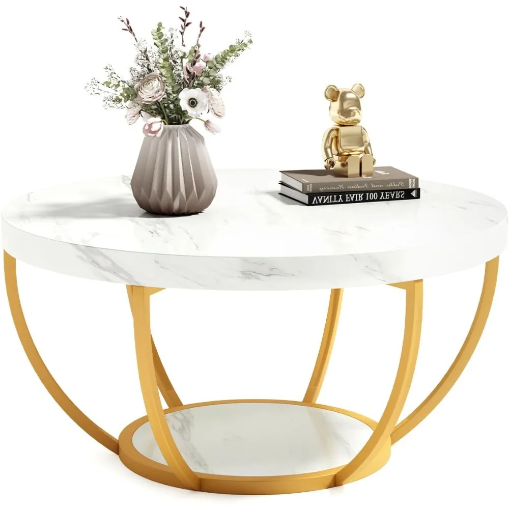 

2-Tier Golden Metal Legs Accent Center Table with Open Storage Modern Design Home Furniture