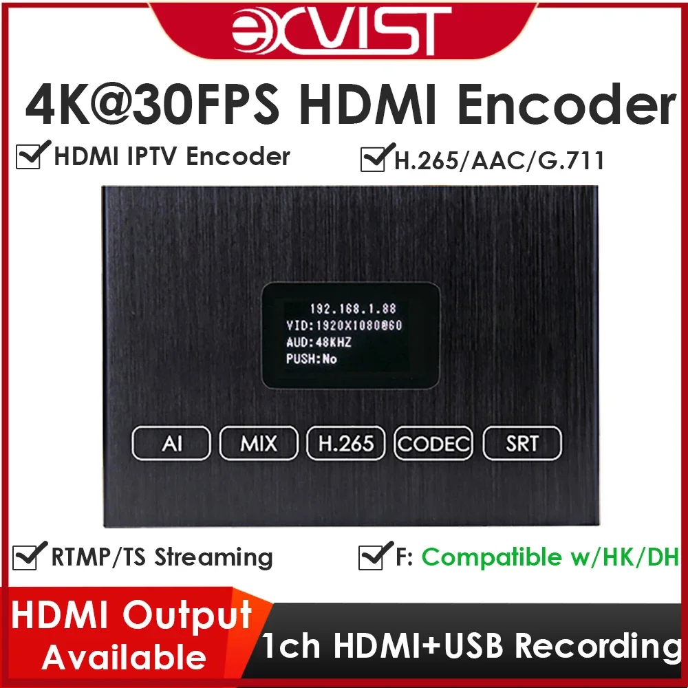 Codificador HDMI H.265 4K com tela e loopout USB 2.0 duplo para gravação/reprodução ONVIF compatível IPTV YouTube Facebook Streaming