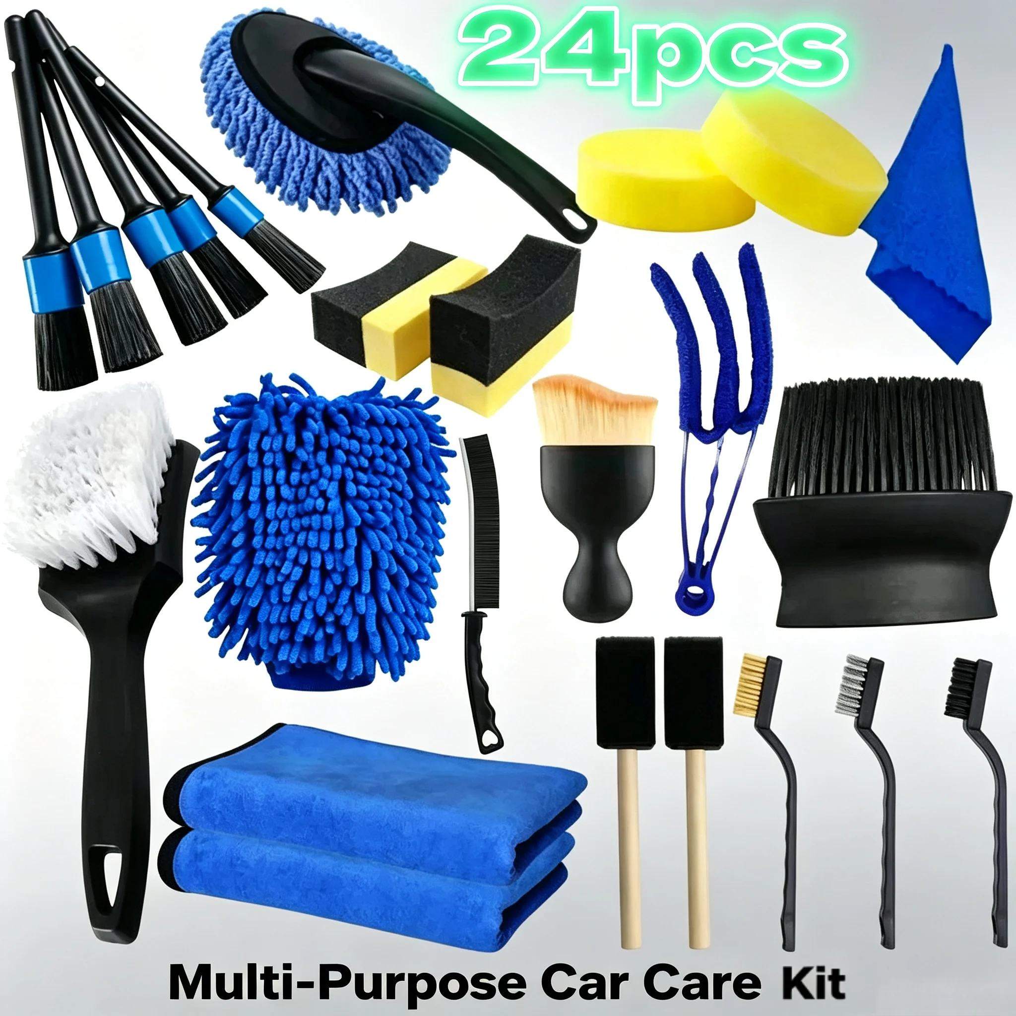 24Pcs Car Detailing Cleaning Kit Detail Brushes Sponge Hub Brushes Nylon Gloves For Auto Interior Exterior Care
