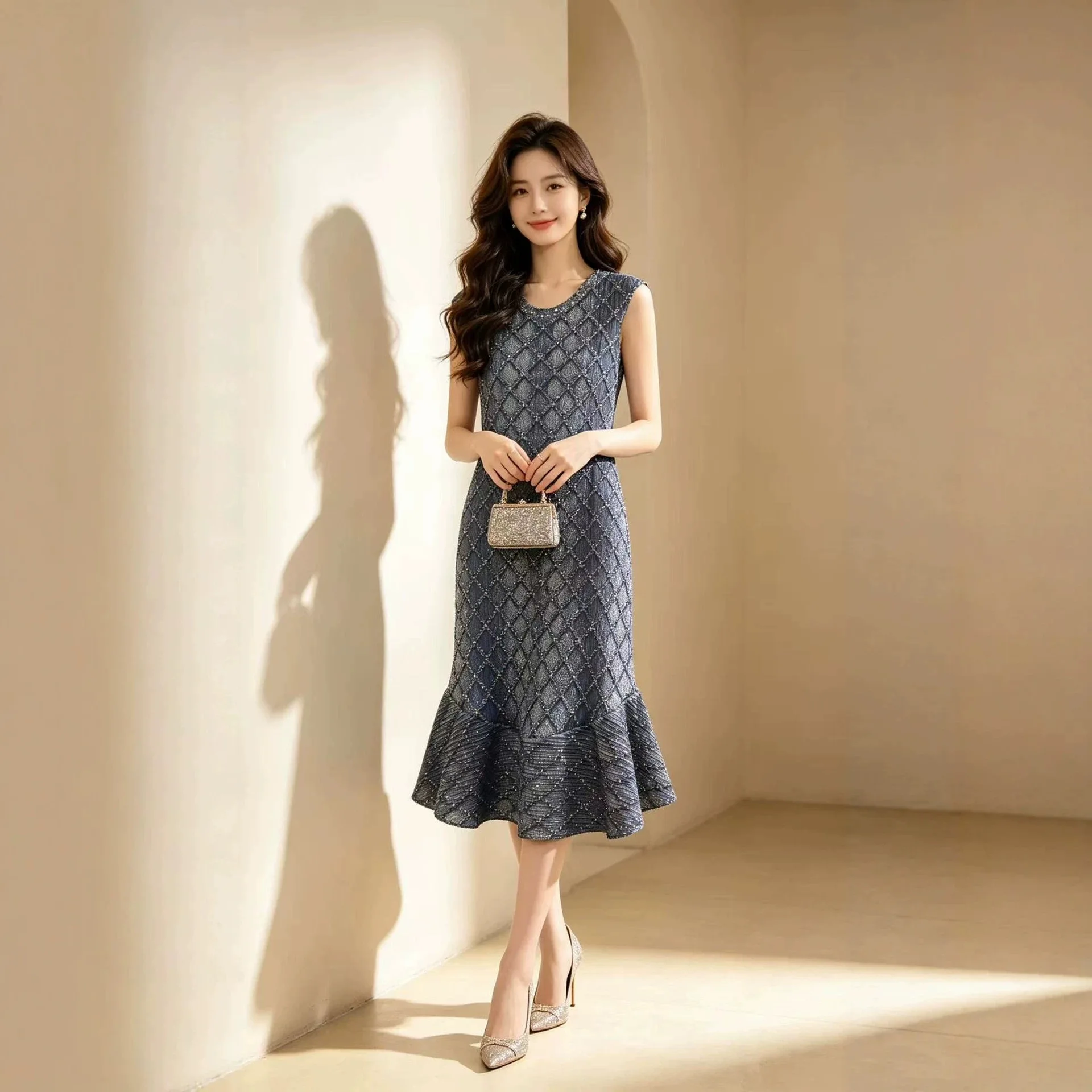 Miyake Plaid Printting Pleated Imitation Denim Dress for Women 2025 Chic New Round Neck Sleeveless Famale Clothing Chic