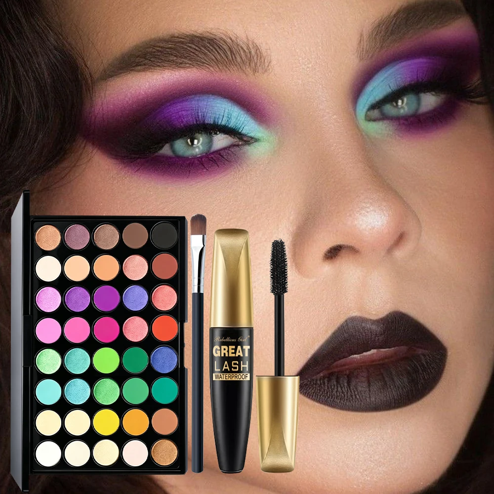3pcs Makeup Sets for 40 Colors Rainbow Eyeshadow Palette+Black Mascara with 1pc Brush, 3 In 1 Makeup Kit For Daily Party Daily view 2