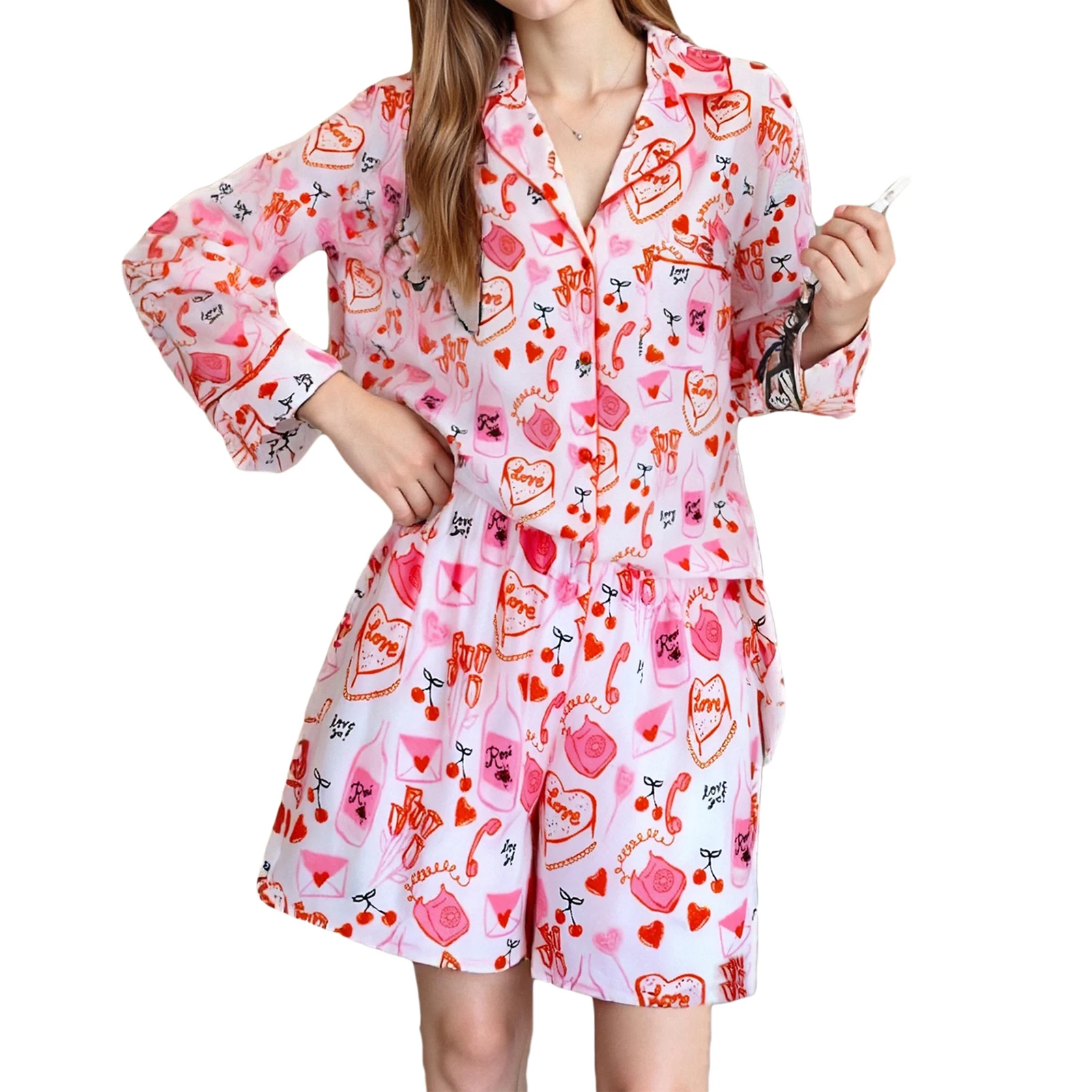 

Women s Valentine s Day Pajamas Set Long Sleeve Heart Envelope Print Shirt Shorts Sleepwear Sets