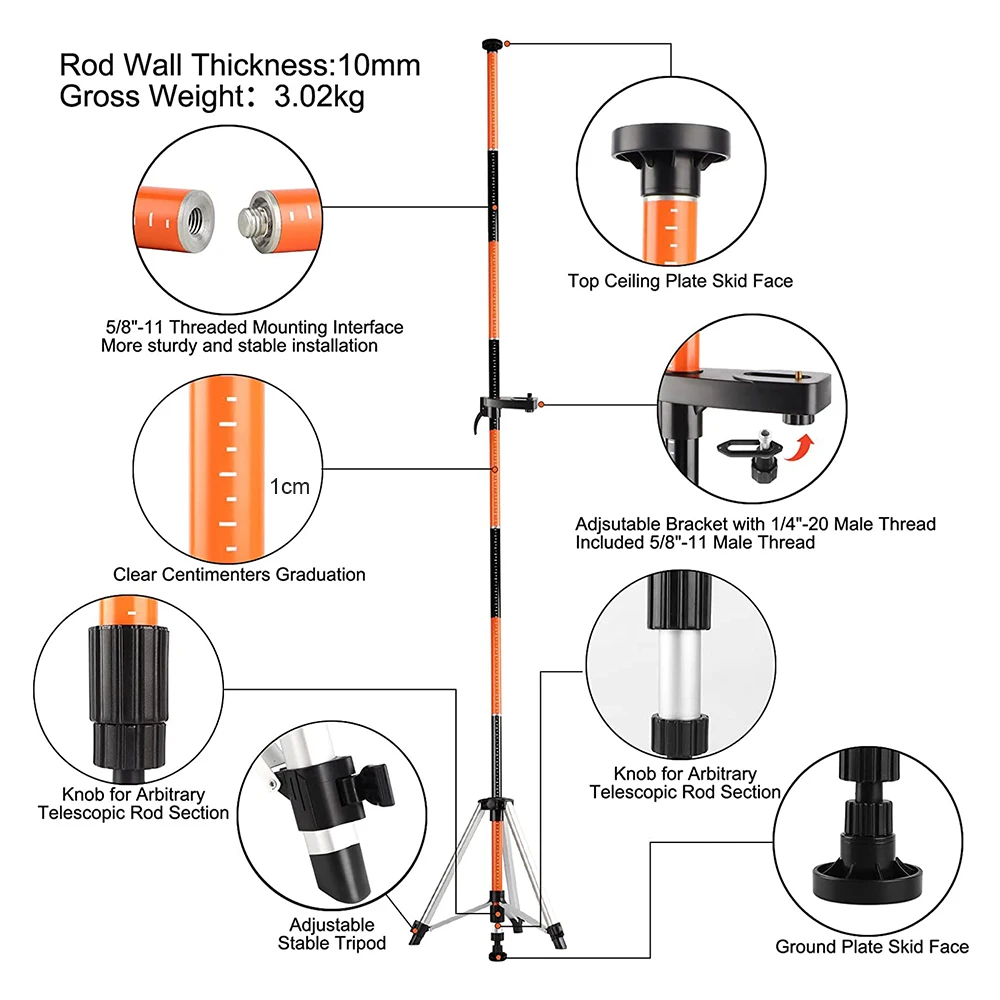 KEZERS Laser Level Tripod Bracket 3.7m Telescoping Pole Laser Extend  With 1/4