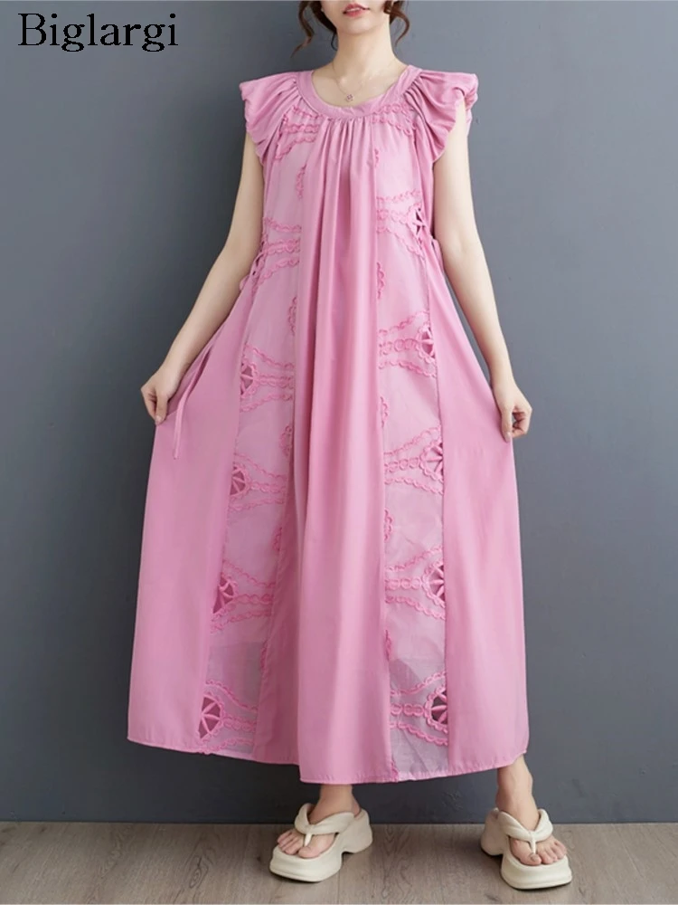 

Oversized Summer Sleeveless Pink A-Line Long Dress Women Embroidery Irregular Patchwork Fashion Ladies Dresses Loose Woman Dress