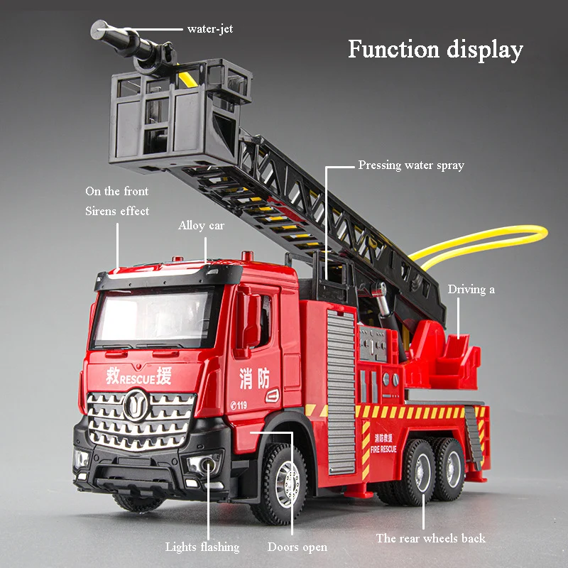 Children\'s large alloy fire ladder car toy 1/30 city rescue vehicle sound light water spray toy boy gift