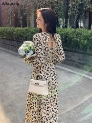 Dresses Women Print Vintage Korean Style Tunic Holiday Chic Spring Casual Backless Design Midi Inside Party Wear Fashion Ladies