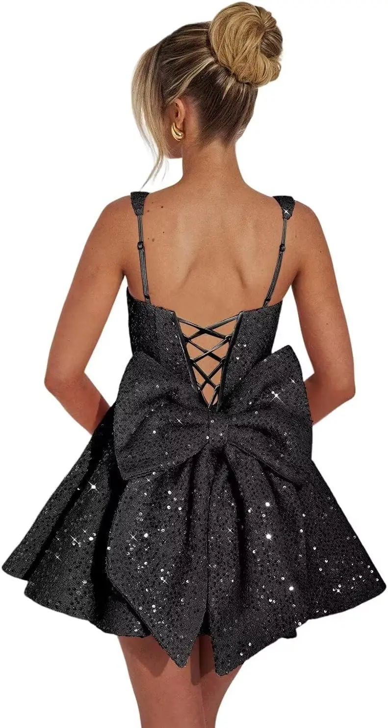 

Sequin Homecoming Dresses with Bow 2025 Square Neck Short Prom Party Dress for Teens Cocktail Dresses Above Knee , Mini