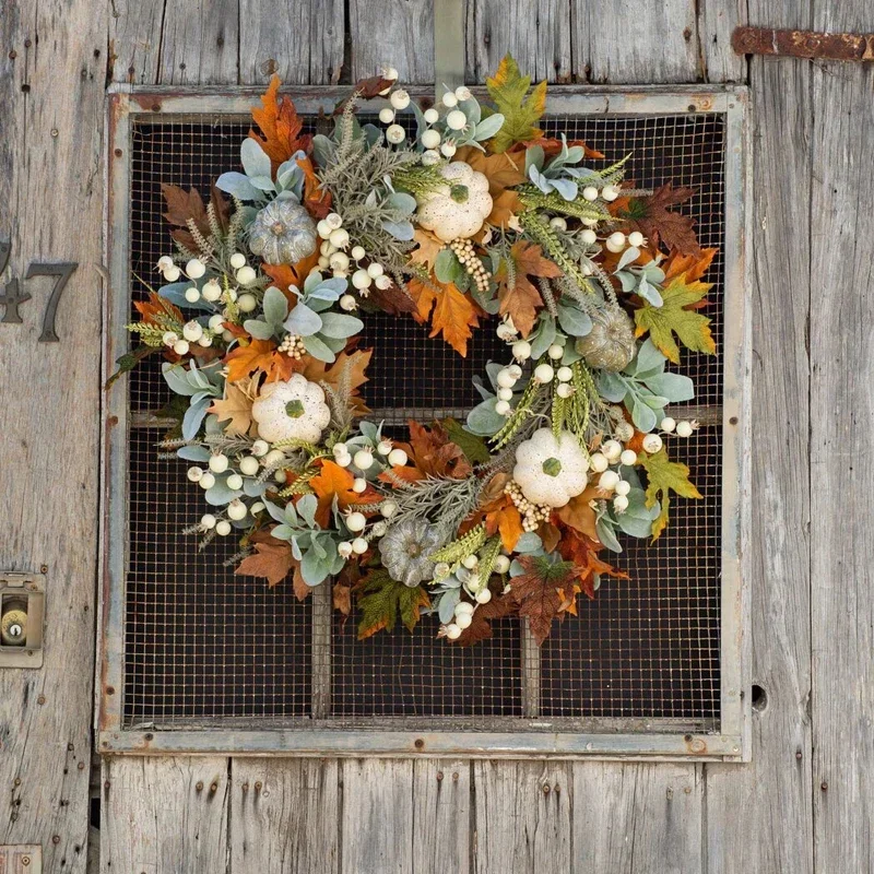 Thanksgiving Artificial Fall Maple Leaf and Pumpkin Wreath for Front Door Home Farmhouse Decor Harvest Festival Hanging Garland