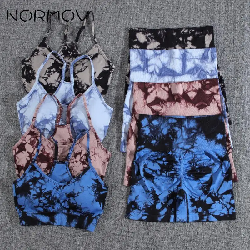 NORMOV 1/2Pcs Yoga Set Tie Dyeing Gym Sets for Women Pleated Tracksuit Woman High Waist Strapless Beauty Back Yoga Wear Push Up