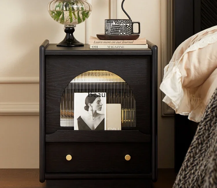 French retro solid wood bedside table American light luxury black storage locker