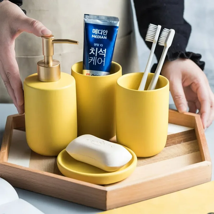 

3/4PCS Ceramic Bathroom Accessories Set Pure Color Soap Dispenser Pump Bottle Home Couple Mouthwash Cup Soap Dish Washing Tools