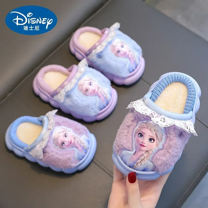 Disney Winter Kids Cotton Slippers Girls Frozen Elsa cartoon Slippers Warm Plush Home Girls Cotton children Slippers