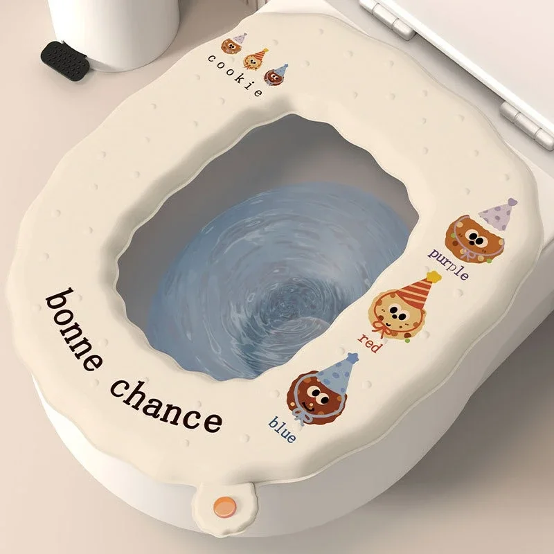 Universal Biscuit Cartoon Pattern Toilet Seat Wrap Thicken Bathroom Accessory Can Wipe O-shaped Household Isolation Cushion 4pcs