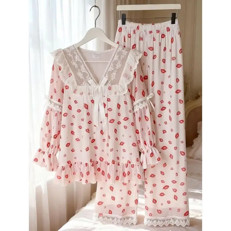 Women's Pajama Set Fashion Homewear Long Sleeve Pajamas White Lace Mesh Women Spring Autumn Luxury Princess