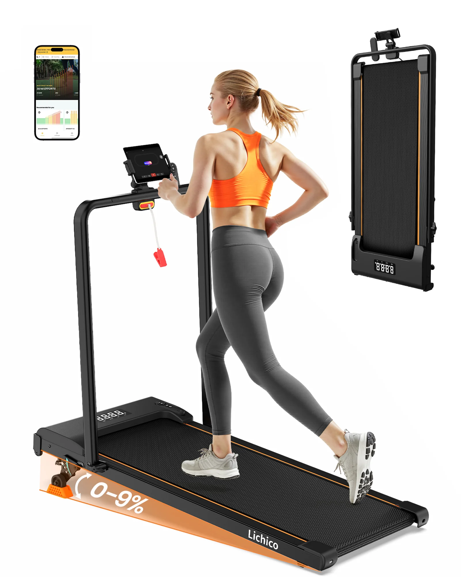 Tapis de course pliable Lichico pour la maison, tapis de marche sous le bureau de 2,5 CV avec inclinaison de 9 %, machine de course à 5 couches d'absorption des chocs, contrôle par application Bluetooth, écran LED et support pour téléphone, mini tapis de course compact et pliable pour petits espaces (jusqu'à 150 kg)