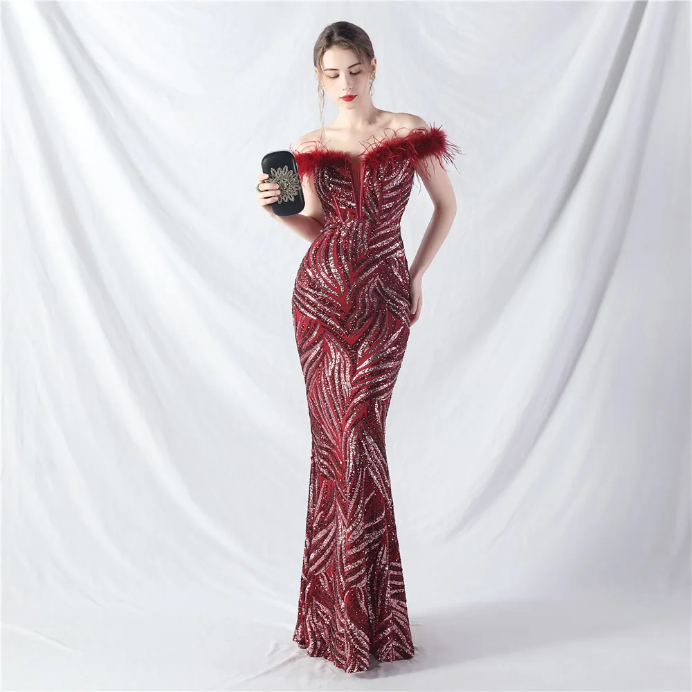 2024 Burgundy Long Dress Evening Off The Shoulder Floor Length Feathers Sequined High Quality Prom Party Gowns In Stock