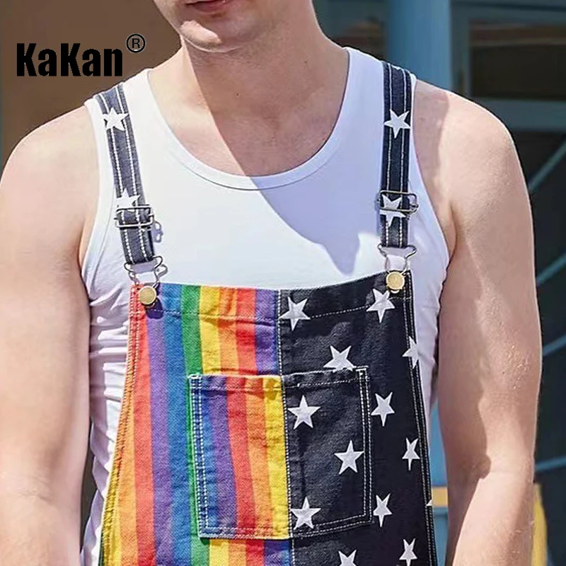 Kakan-Europe and The United States New American Independence Day Jeans for Men, Stars Rainbow Couple Suspenders Shorts 34-201