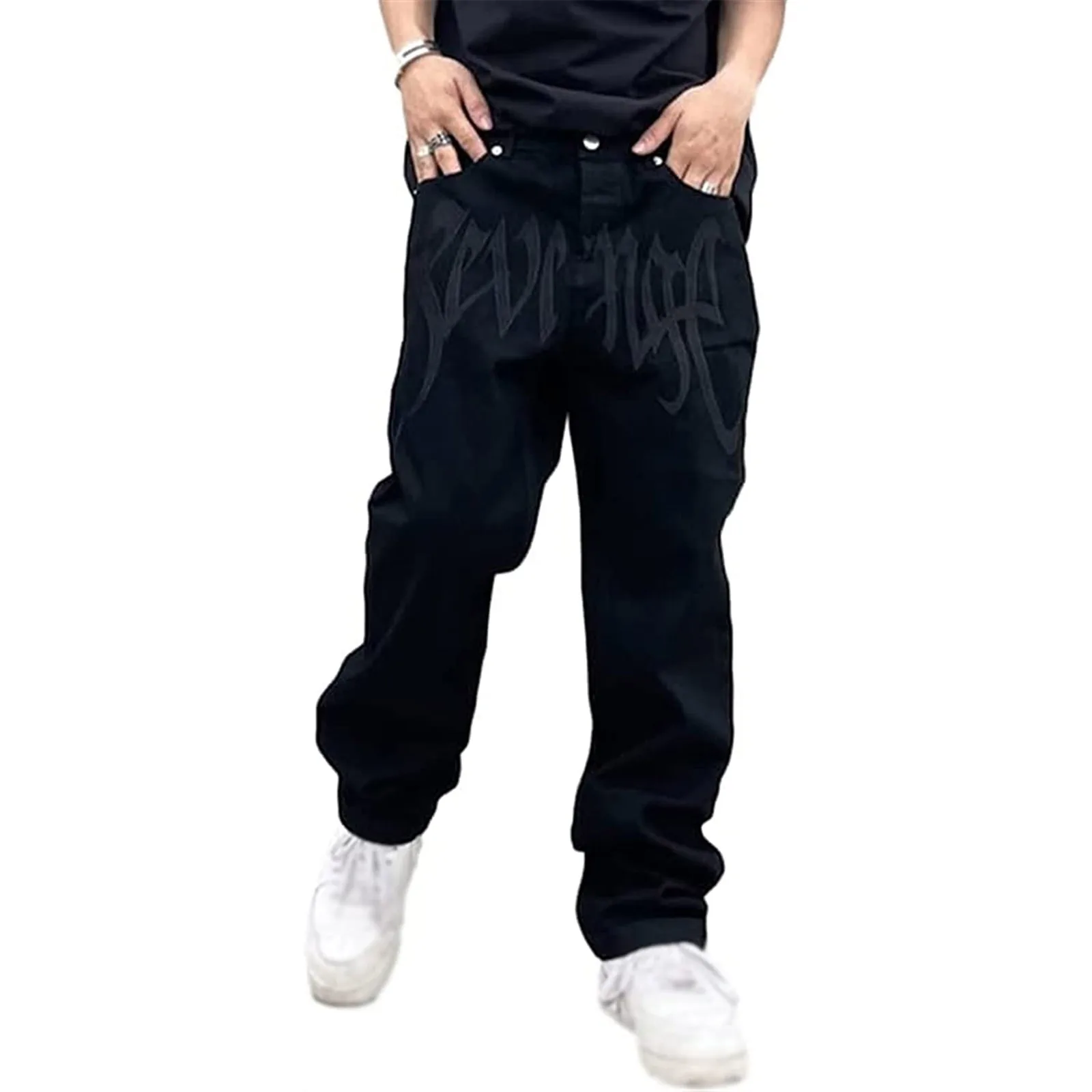 Calça jeans masculina casual folgada estampada com cordão, calça esportiva de skate de hip hop, calça esportiva multi-bolso, adolescente