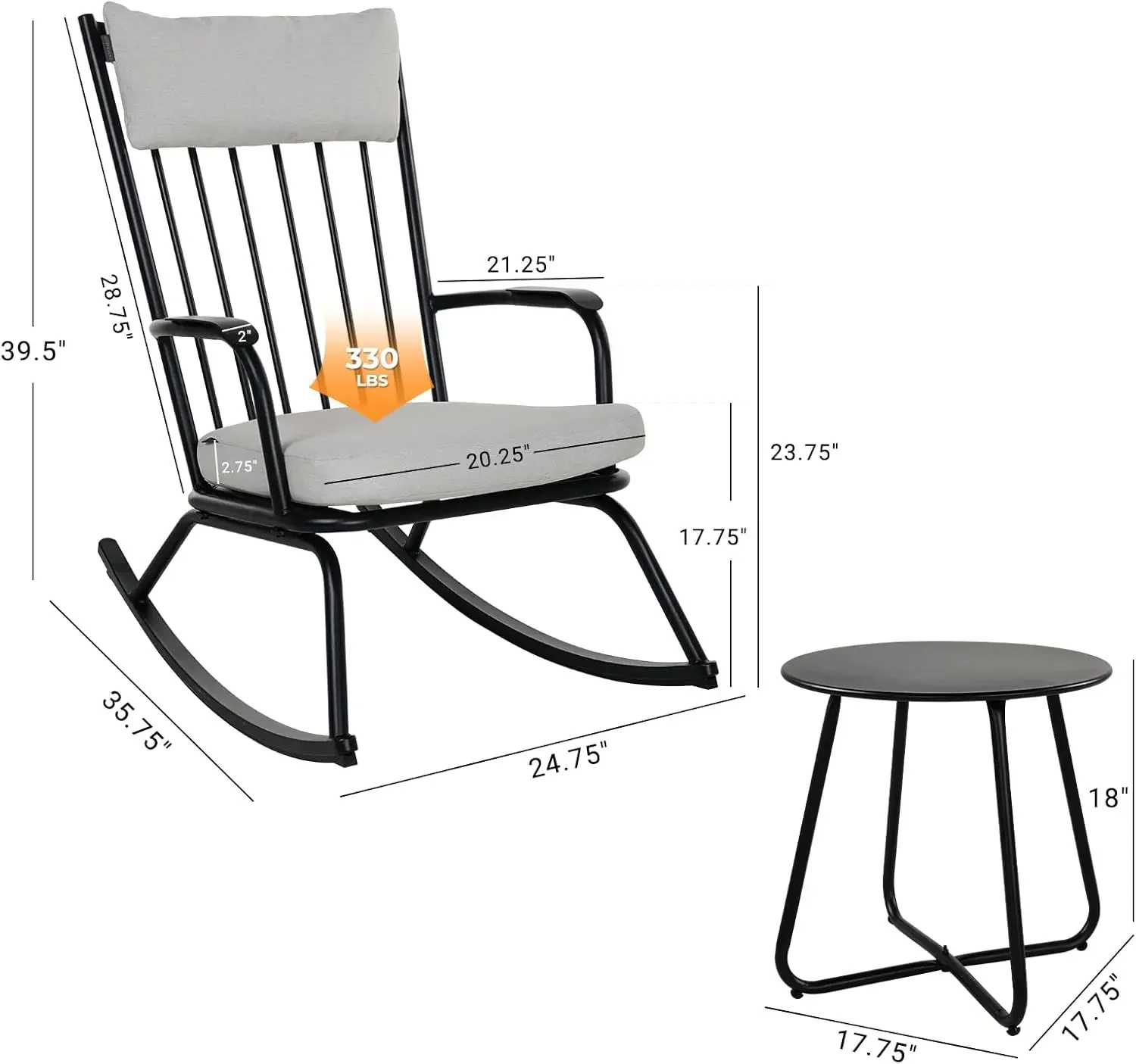 3-Piece Outdoor Rocking Chair Set, Steel Rocking Chairs with Cushions and 18-inch Round Side Table