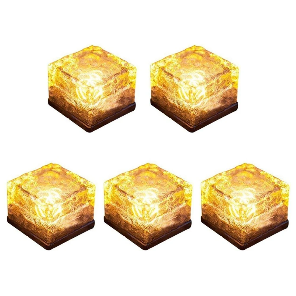 5 Pcs Solar Glass Brick Light Ice Cubes Lights LED Landscape Light For Christmas Outdoor Path Road Yard (Warm White)-AT30