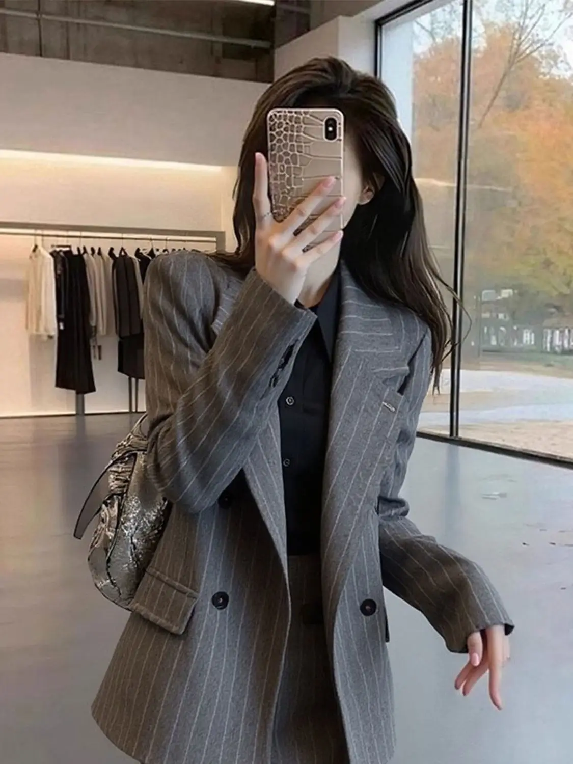 Fashion Women's Set Spring and Autumn Korean Version Temperament Gray Striped Elegant Women's Two-piece Set