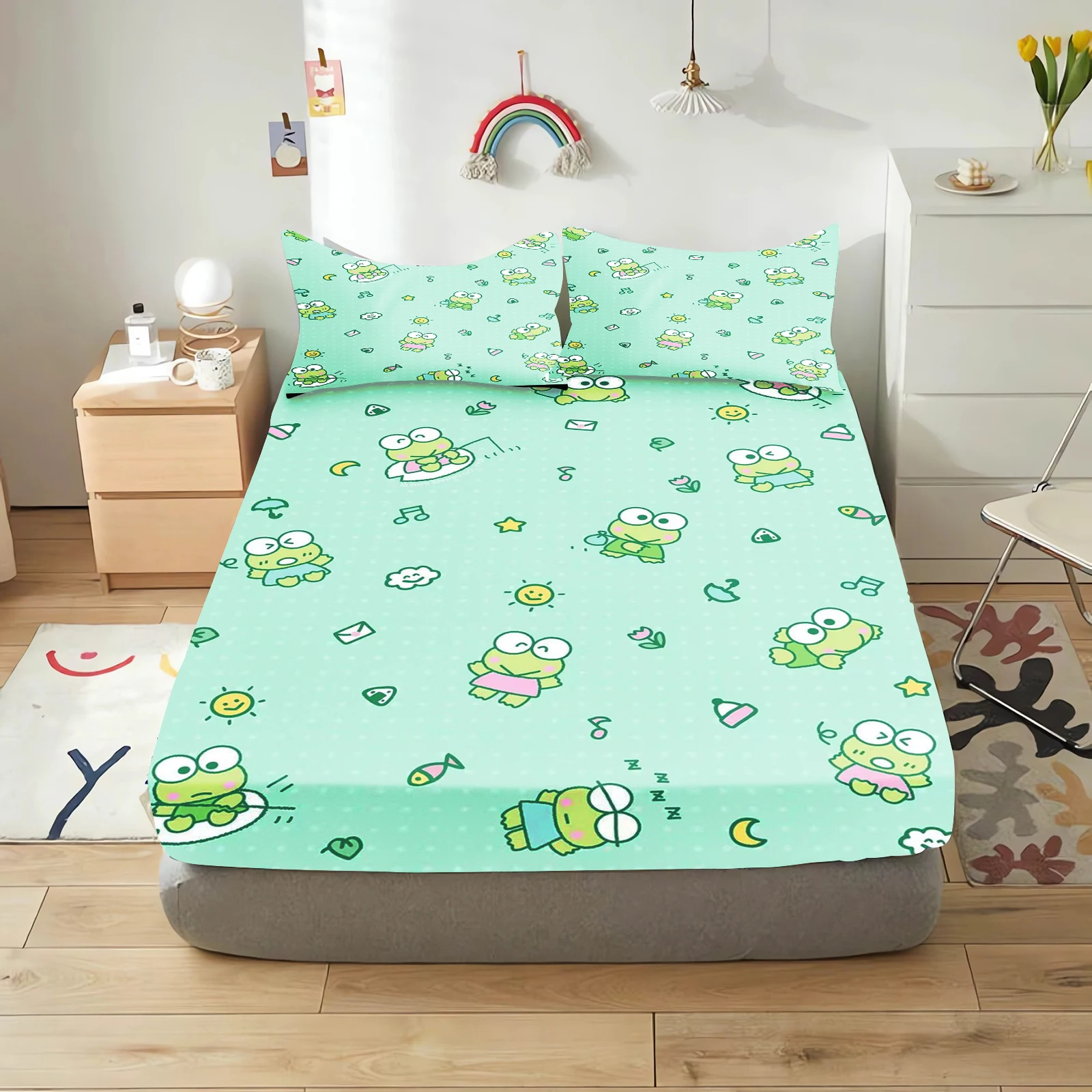 Keroppi-sábana ajustable de poliéster para niños, sábanas elásticas de dibujos animados de rana de ojos grandes, cubierta suave, impresión Digital linda, nuevo diseño