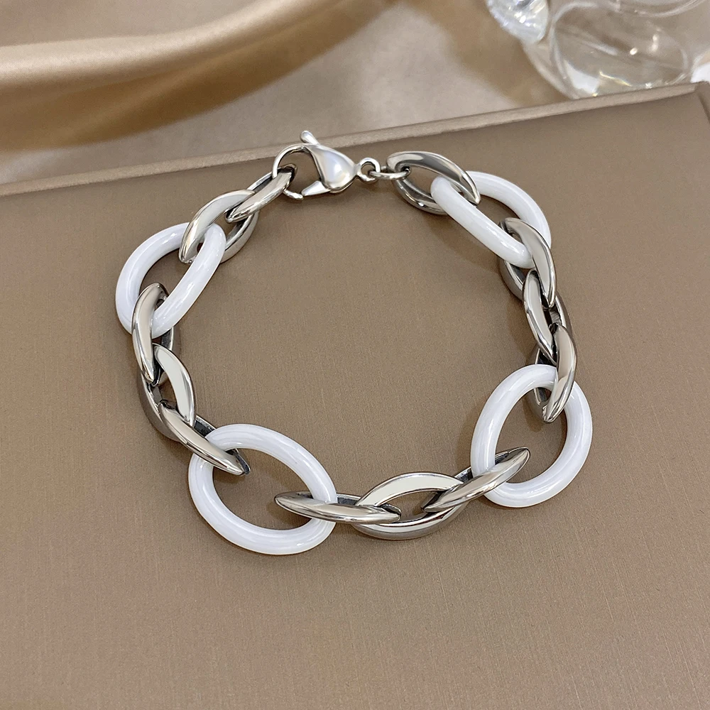 

DODOHAO New Fashion Ceramic Stainless Steel Bracelets for Women Creative Hollow Thick Chain Wide Bracelet Men Waterproof Jewelry